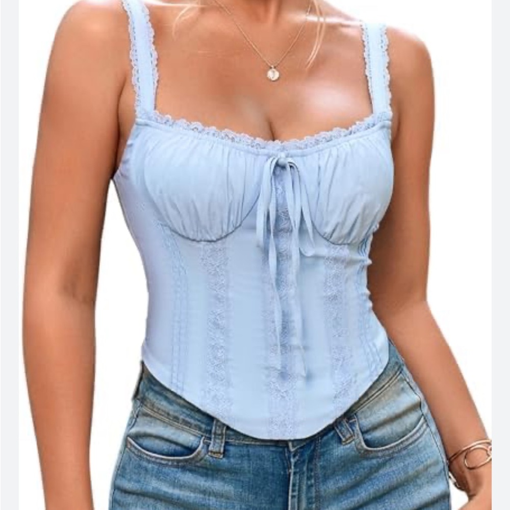 Lace Corset Top Y2K Square Neck Bustier Tank Tops for Women Light Powder Blue L